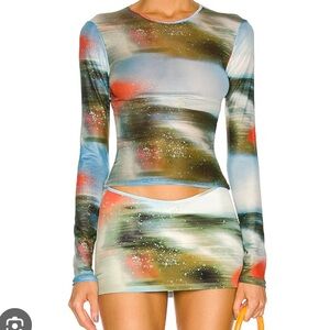 miaou power mesh long sleeve top and mini skirt set in motion blue